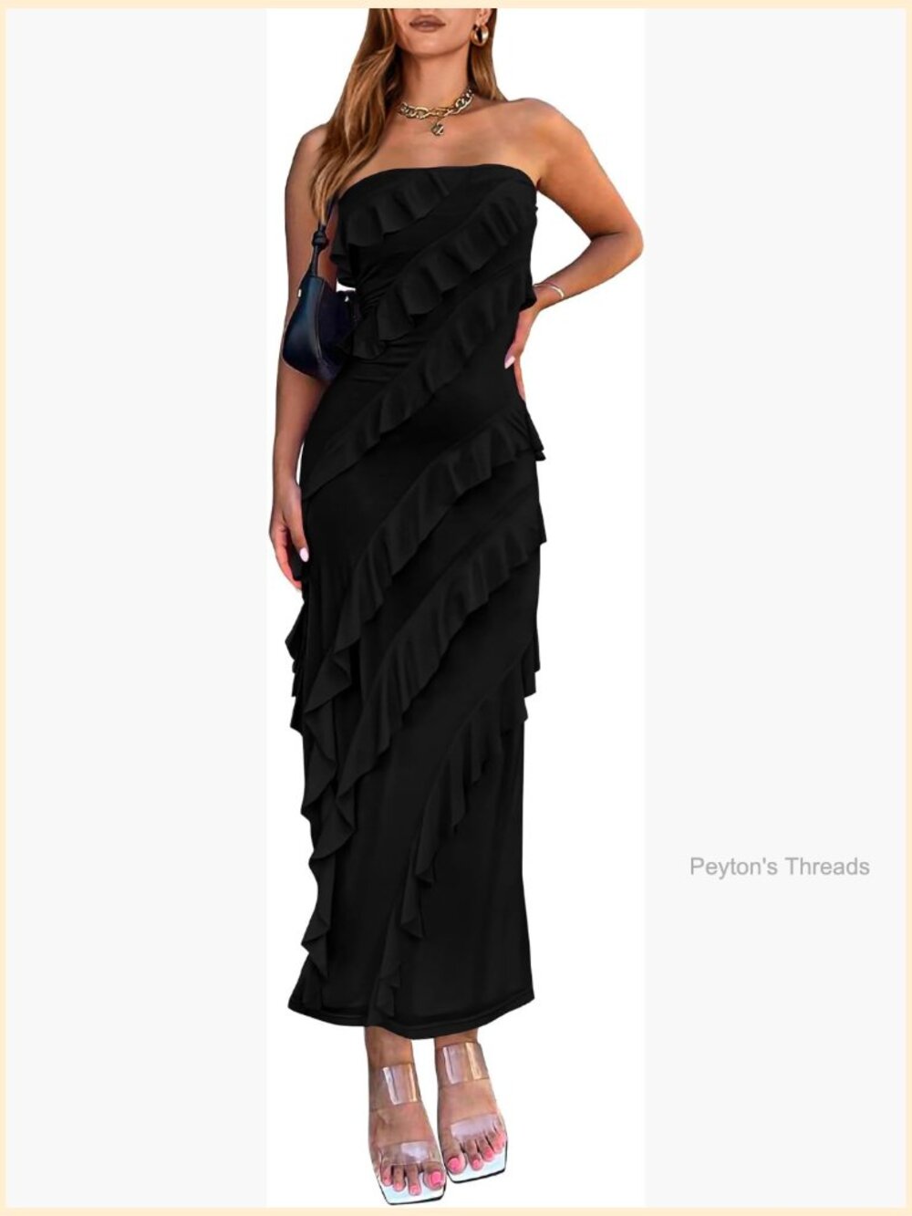 Strapless Mesh Bodycon Midi Dress with Ruffle Detail for Cocktail Parties - Picture 1 of 7